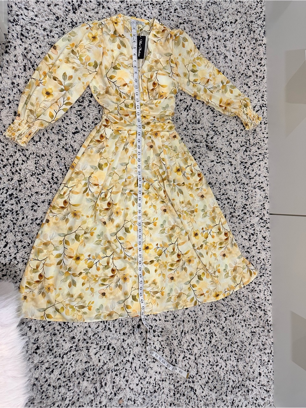 Yellow Floral Long-Sleeve Midi Dress with Tie Waist